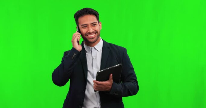 Green screen, business man and walking with phone call on smartphone, communication or networking negotiation with tablet. Asian male employee, corporate or talking on cellphone for contact in studio