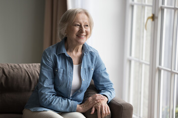 Pensive happy retired woman resting alone in cozy living room, smile looks out window, enjoy...