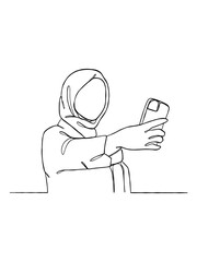 Continuous one line drawing of a woman taking a selfie. Vector illustration.