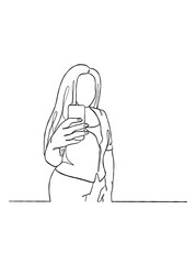 Continuous one line drawing of a woman taking a selfie. Vector illustration.