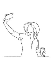 Continuous one line drawing of a woman taking a selfie. Vector illustration.