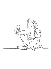 Continuous one line drawing of a woman taking a selfie. Vector illustration.