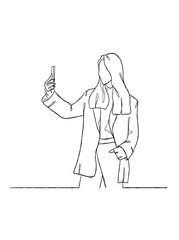 Continuous one line drawing of a woman taking a selfie. Vector illustration.