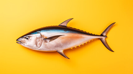 A tuna, top view, orange gradient background. Generative AI image.