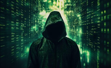 Unrecognizable hacker cyber criminal in hood with dark matrix digital background. Security system cyber attack. Generative AI.