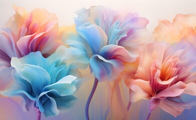 Rainbow flowers in soft pastel, blurred faded smokin feeling of a dream. Generative AI.