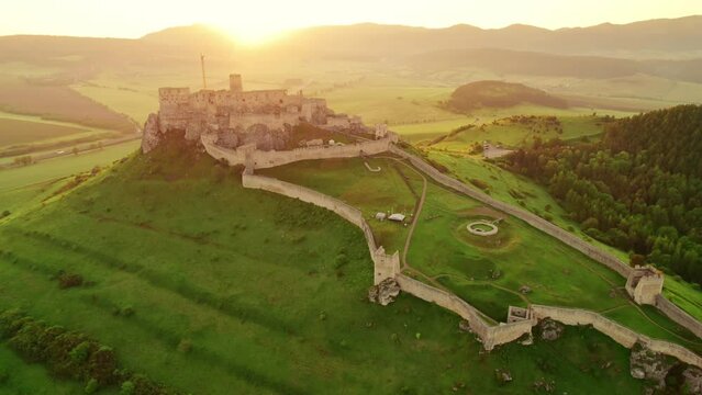 Aerial view of the Spis castle at sunrise, Unesco World Heritage Site, Slovakia