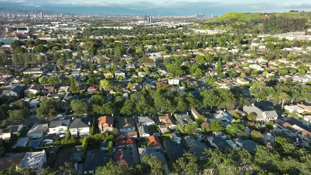 Aerial View Flying Over Residential Neighbourhood At Culver City, Los Angeles. Establishing Shot
