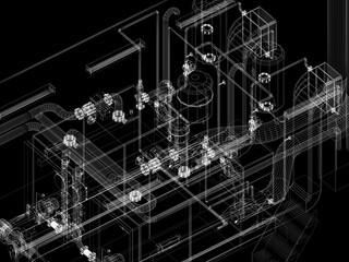 industrial equipment with piping in the factory. 3d rendeing wire frame