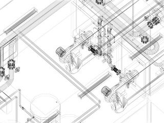 industrial equipment with piping in the factory. 3d rendering wire frame