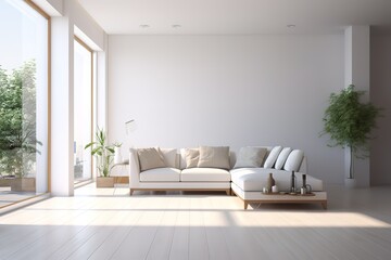 White minimalist living room interior with sofa on a wooden floor, decor on a large wall, white landscape in window. Home Nordic interior | Scandinavian interior poster mock up,Generative AI.