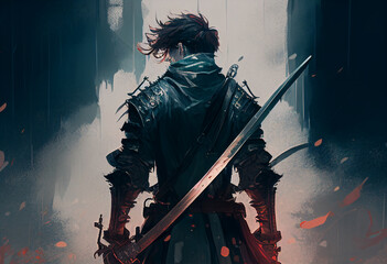 A guy with a sword in battle in anime style. AI Generated