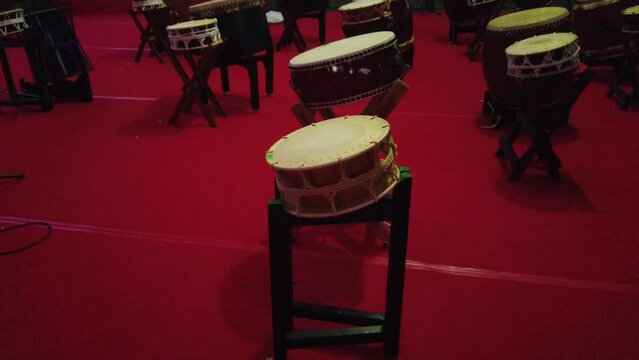 Taiko Drums, Traditional Japanese Percussion Instruments Displayed Onstage Asian Rhythms