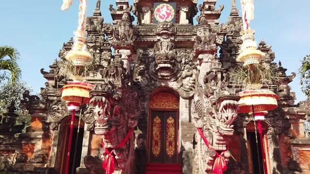 Traditional Door Pyramidal Architecture of Bali Indonesia Ardha Candra Stage in Denpasar with Penjors Hanging