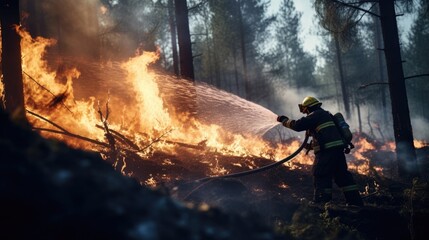 Firefighters spray water to wildfire in the forest