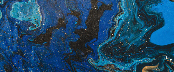 Fototapeta premium Fluid art background in blue tints with gilding. Flowing wave effect of liquid ink. Dark phantom blue with golden stains. Fantasy abstract texture of acrylic paints. Surreal color mix. Gold on blue.