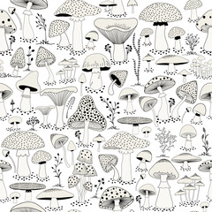 Seamless pattern with cartoon mushrooms and field plants - 616992927