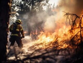Naklejka premium Firefighters spray water to wildfire in the forest