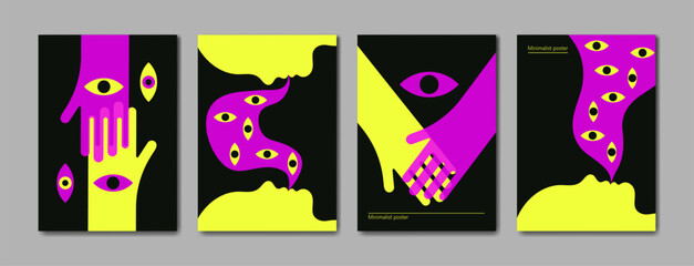Set of bright neon abstract posters. Wall art. Communication, conversation, relationships of people. Vector illustration. Mysticism, spiritualistic seance.