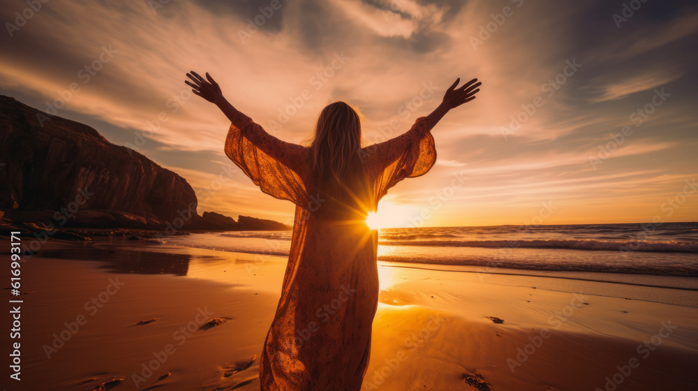 Wall mural Woman on the beach worshiping the Sun at sunset with dramatic light