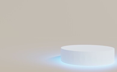 A simple white podium is laid out on a turquoise neon-lit floor., 3d rendering