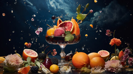 Fototapeta na wymiar Beautiful still life of a fruity cocktail glass with many fruits around