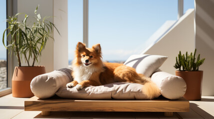 Cute dog on wooden sofa near window at luxury home