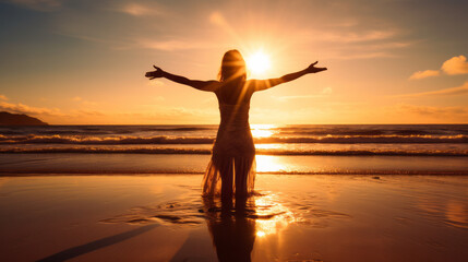 Fototapeta premium Woman on the beach worshiping the Sun at sunset with dramatic light