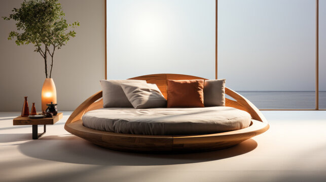 Modern bedroom with round wooden bed frame and round mattress with cushion
