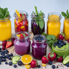 Different kind of smoothies in fruit jams with strawberries, blueberries, herbs