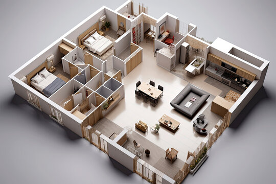 Generative AI 3D floor plan illustration of a house with 3 bedrooms, living room, kitchen, laundry room, bathroom