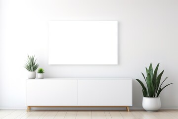 Blank wooden picture frame mock-up on wall in modern interior | Horizontal artwork template mock up for artwork | Stylish white modern living room interior | Wall mock up in living room,Generative AI