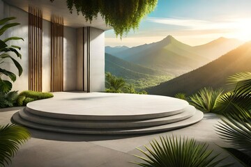 Fototapeta na wymiar Concrete Podium In Tropical Forest For Product Presentation And Green Wall. 3D Render Illustration, Gererative AI