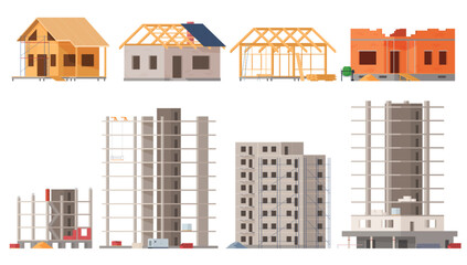 Frame of houses. The construction process of various types of buildings. Construction site. Vector illustration