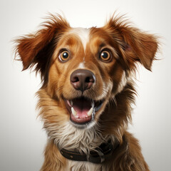 Surprised happy dog ​​on a white background. AI generative.