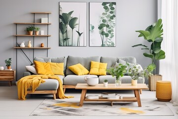 Cosy modern living room interior with yellow sofa and decoration room on a yellow or white wall background | Minimal concept. interior of living yellow, Generative AI