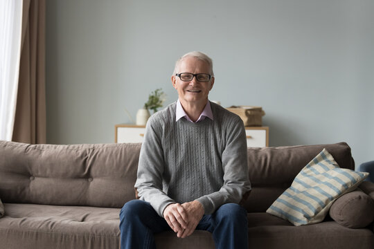 Calm retired elderly man in glasses and casual clothes resting alone seated on comfortable couch in living room smile looking at camera at own or rented home. Baby-boomer generation person portrait