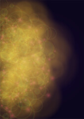 Vector Magical Gold Shine Background with Bokeh Blurred Glowing Circles on Black. Starlight Fog Texture. Glitter Holiday Print. Christmas and New Year Design. Glowing Light on Dark Purple. 