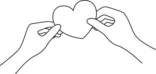 Two hands holding heart. outline style, vector illustration. Concept of supporting, you and me together.