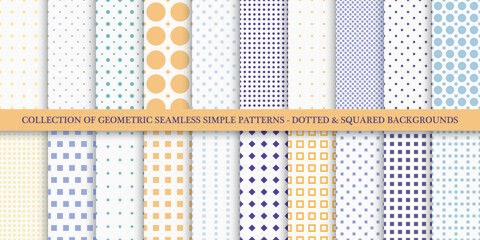 Collection of vector seamless geometric dotted patterns. Simple color textures with spots and squares - repeatable unusual bright backgrounds. Textile endless polka dot prints