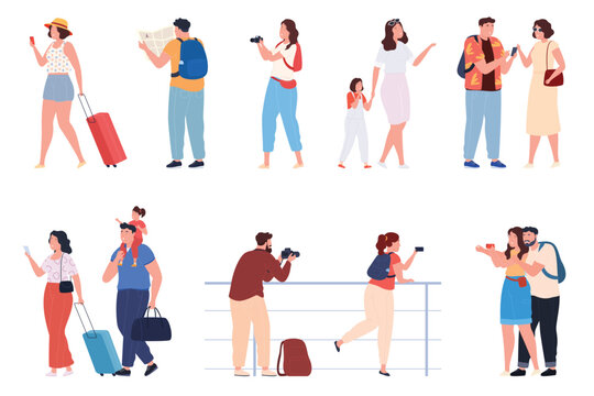 Tourists. Men, women and children travel with suitcases, take pictures of interesting places. The concept of vacation travel in tourist cities. Vector illustration