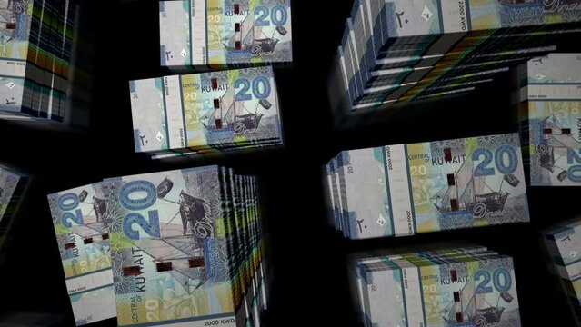 Kuwait money Kuwaiti Dinar money pack loop. Flight over KWD banknotes stacks top view. 3d loopable seamless animation. Abstract background concept of economy, crisis, business and finance.