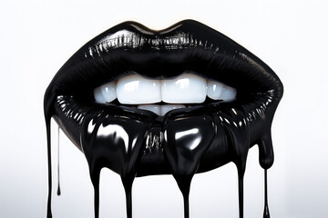 Close-up of a female lips painted black lipstick with dripping black paint isolated on white background. Glossy smudges of black lip gloss. Generative AI 3d render illustration imitation.