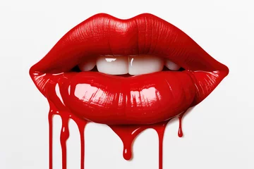 Fotobehang Close up of a woman's lips painted red lipstick with dripping red paint isolated on white background. Glossy smudges of red lip gloss. Generative AI 3d render illustration imitation. © SnowElf