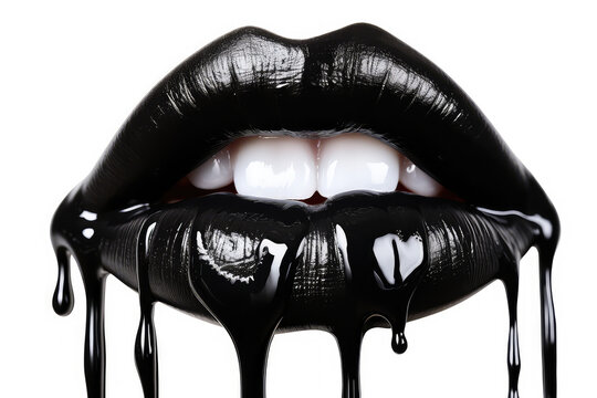Closeup of a woman's lips painted black lipstick with dripping black paint isolated on white background. Glossy smudges of black lip gloss. Generative AI 3d render illustration imitation.