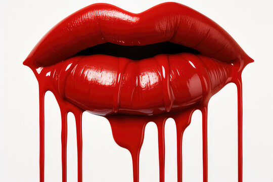 Close-up of a woman's lips painted red lipstick with dripping red paint isolated on white background. Glossy smudges of red lip gloss. Generative AI 3d render illustration imitation.
