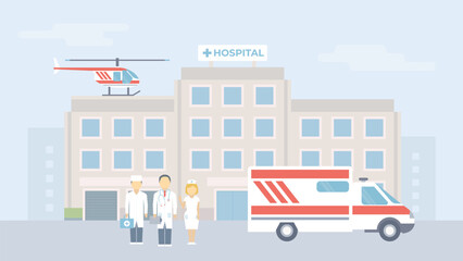 Hospital building vector. Healthcare team concept. Medical emergency transport. Ambulance services illustration.