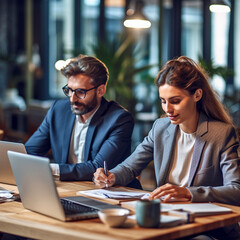 Fototapeta premium business people working and discussing in a modern office using smartphones laptops and tablets, ai generated