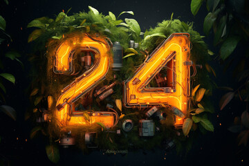 Glowing neon sign New year 24 Mechanical Numbers in forest 3D created with generative ai - obrazy, fototapety, plakaty