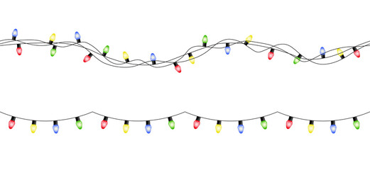 Seamless colorful christmas lights on chain pattern on transparent background - 616996753
